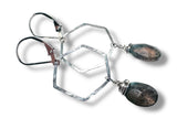 Hexagon Hoop Labradorite Earrings, Silver Hoops - Janine Design