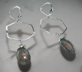Hexagon Hoop Labradorite Earrings, Silver Hoops - Janine Design