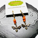 Bee Earrings/Carnelian Gemstone Earrings/Golden Bee Earrings