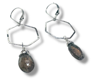 Hexagon Hoop Labradorite Earrings, Silver Hoops - Janine Design