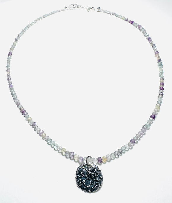 Dainty Beaded Gemstone Necklace-Silver Medallion