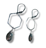 Hexagon Hoop Labradorite Earrings, Silver Hoops - Janine Design