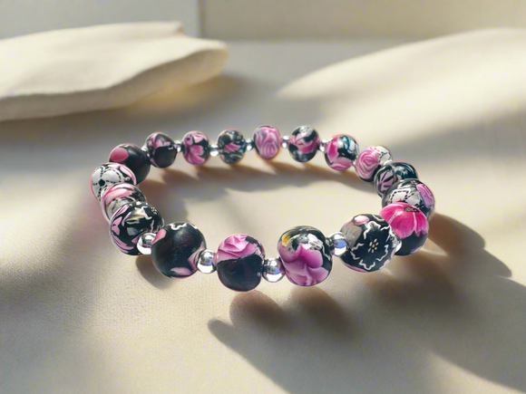 Floral Clay Bracelet, Silver and Aclaf  Bracelet, Handmade Bracelet, Art Bracelet