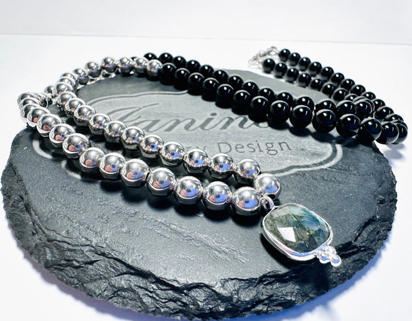Onyx and Sterling Beaded Necklace with Labradorite Pendant - Janine Design