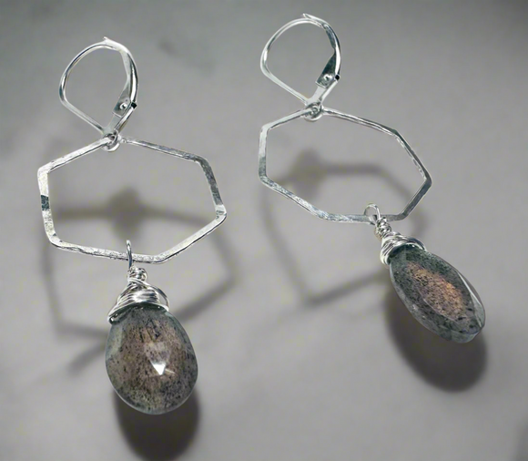 Hexagon Hoop Labradorite Earrings, Silver Hoops