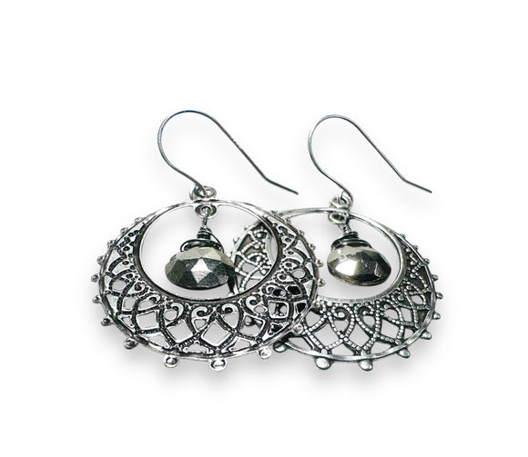 Filigree Hematite Earrings, Green/Blue Gemstone Earrings - Janine Design