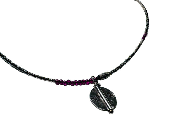 Dainty Beaded Gemstone Necklace-Garnet and Silver Disk