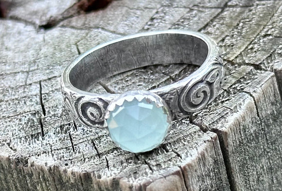 Chalcedony Scroll Sterling Silver Ring, Size 8 Ring, Promise Ring - Janine Design