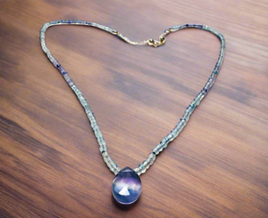 Dainty Beaded Gemstone Necklace-Flourite Teardrop