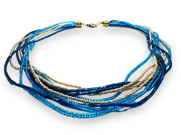 Blue and Gold Strands Necklace, twist Necklace, Stetement Necklace - Janine Design