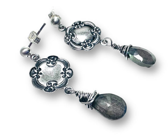 Genuine Labradorite Silver Earrings, Vintsge Looking Earring - Janine Design