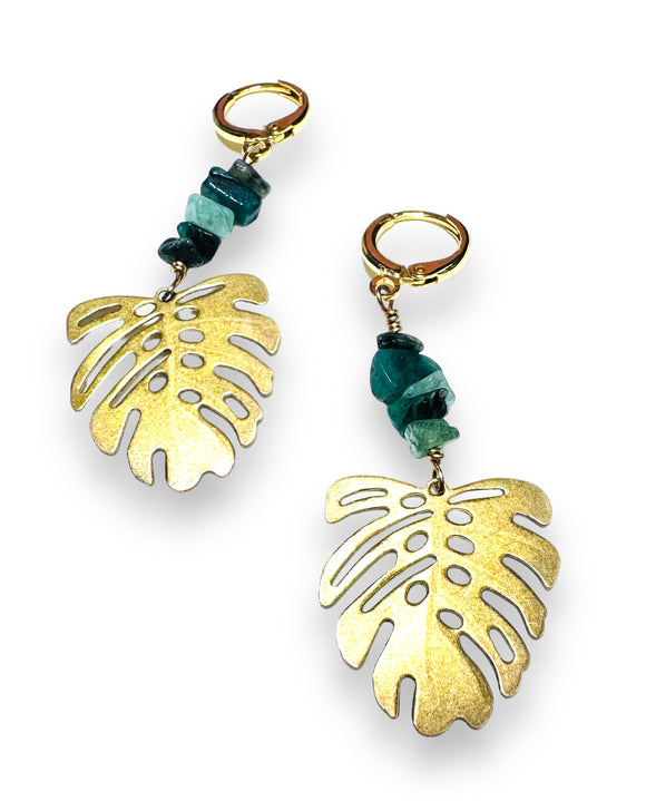 Monstera Leaf Earrings, Emerald Earrings