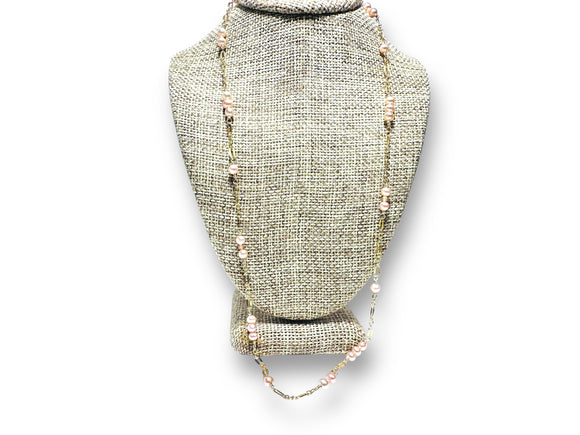 Light Pink Pearl Floating Necklace, Wire Wrap Pearl Necklace - Janine Design