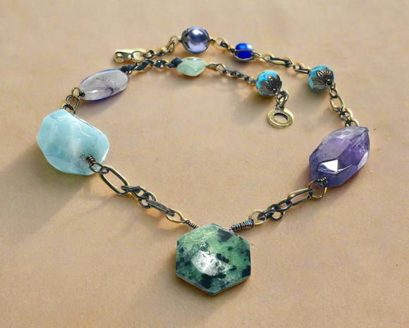 Asymmetrical Brass and Gemstone Bracelet