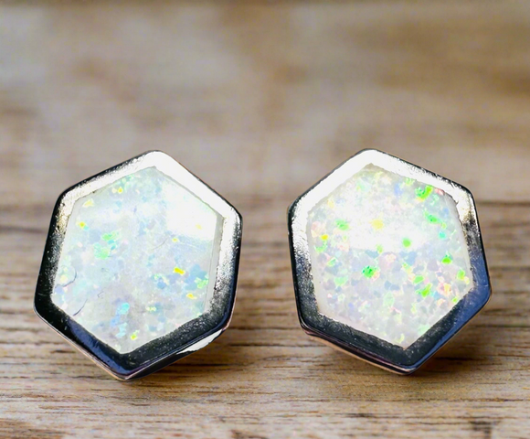 Hexagon Opal Studs/ October Birthstone Studs