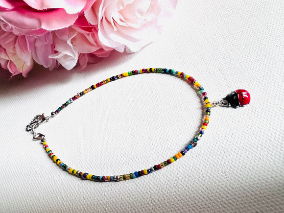 Beaded Anklet/ Ladybug Anklet- Adjustable Anklet