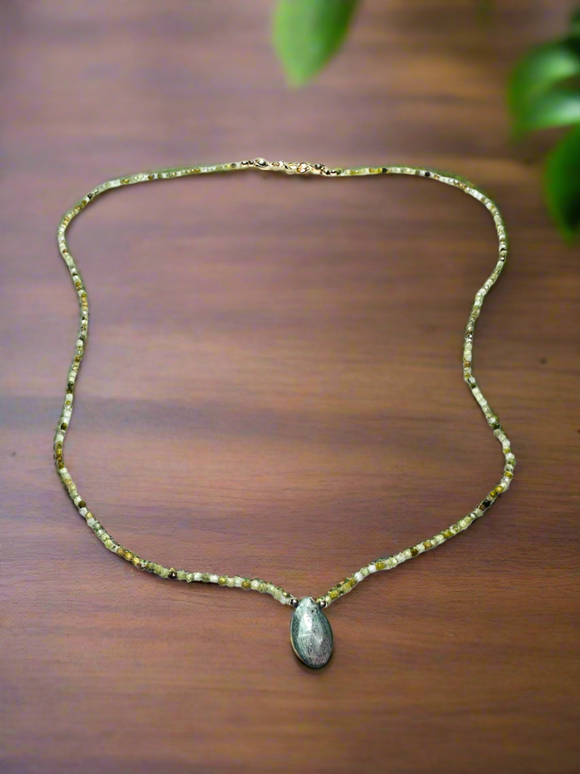 Dainty Beaded Garnet Gemstone Necklace-Labradorite Teardrop