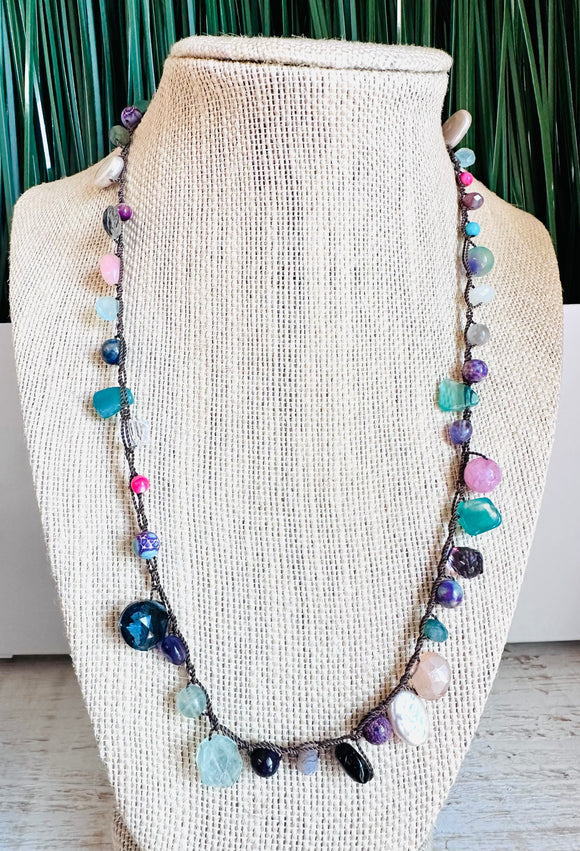 Silk Crochet Gemstone Necklace, Boho Necklace