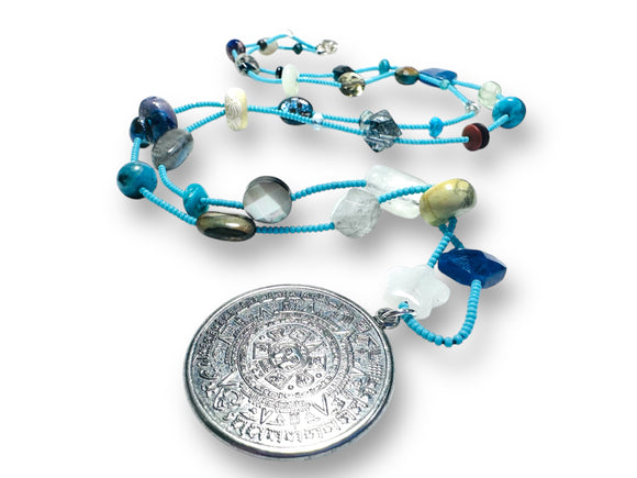 Long Gemstone and Myan Calendar Inspired Pendant - Janine Design