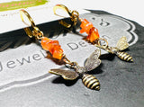 Bee Earrings/Carnelian Gemstone Earrings/Golden Bee Earrings