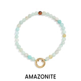 Beaded bracelet with a gold clasp on a white background, labeled 'Amazonite'.