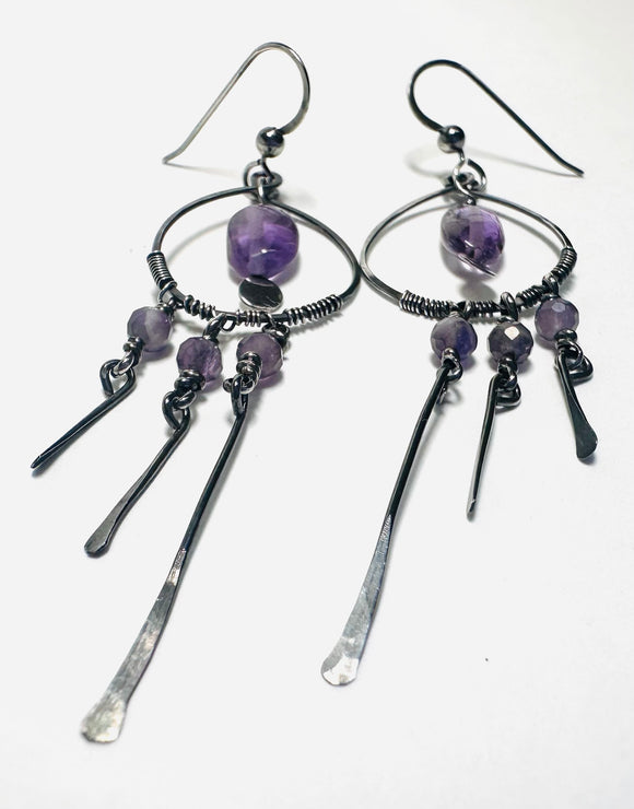 Amethyst Hoop Tassle Earrings- sterling silver hoop and dangle  - Janine Design