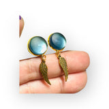 Angel Wing Stud Earrings - blue cloud matte glass cabochon with angel wing charm