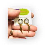 Angel Wing Stud Earrings - silver spotted cabochon with angel wing charm
