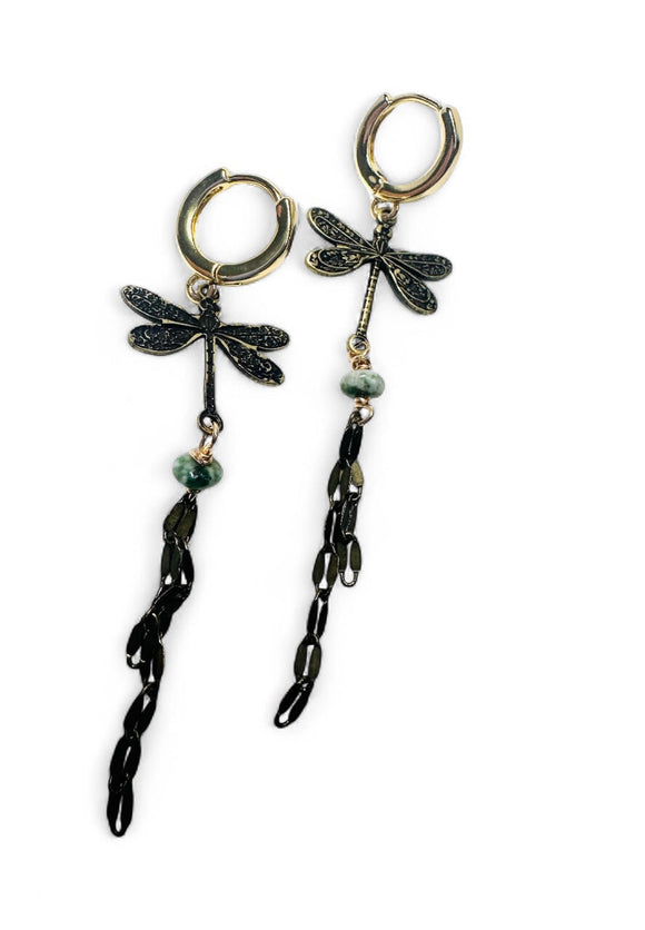 Brass Dragonfly Earrings With Chain - Janine Design