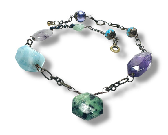 Asymmetrical Brass and Gemstone Necklace - Janine Design