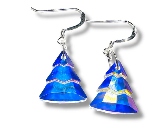 Blue triangular earrings with silver hooks on a white background