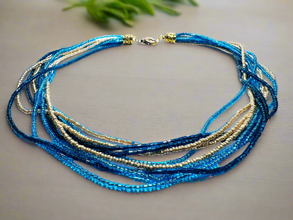 Blue and Gold Strands Necklace, Twist Necklace, Statement Necklace - Janine Design