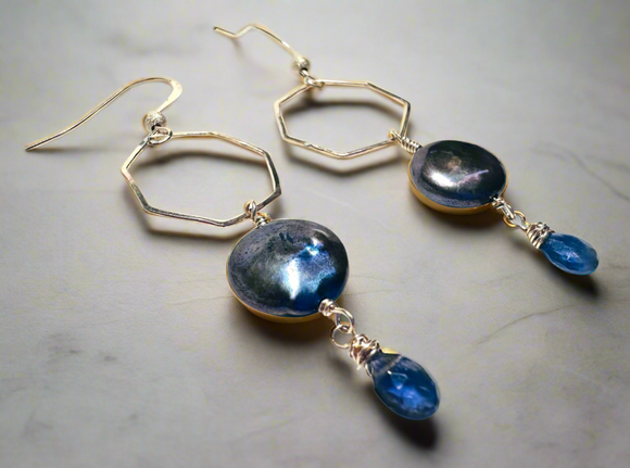 Hexagon Hoop Pearl Earrings, Golden Hoops