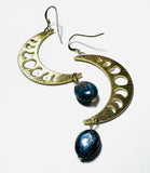 Moon Phase Earrings/Brass Gemstone Moon Earrings/Golden Moon Earrings - Janine Design