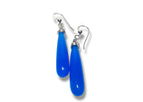 Blue teardrop earrings with silver hooks on a white background