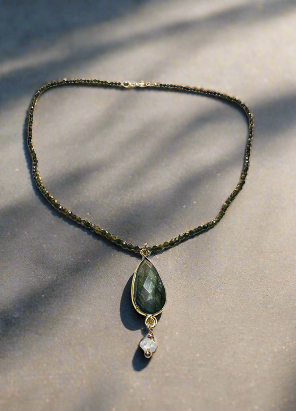 Beaded Labradorite  Gemstone Necklace-Labradorite Teardrop