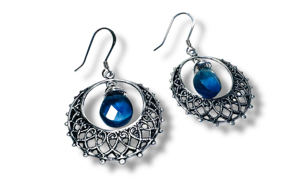 Filigree fluorite Earrings, Blue Gemstone Earrings - Janine Design