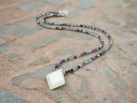 Dainty Beaded Tourmaline  Gemstone Necklace with Moonstone