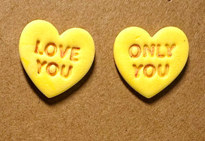 Conversation Heart Earrings/ Clay Earrings, Valentines Earrings/ Heart Earrings - Janine Design