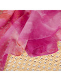 Pink fabric with a textured surface on a yellow and white patterned background