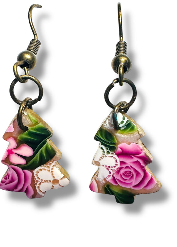 Pair of floral-themed earrings with pink roses and green leaves on a white background