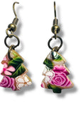 Pair of floral-themed earrings with pink roses and green leaves on a white background