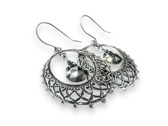 Filigree Hematite Earrings, Green/Blue Gemstone Earrings - Janine Design