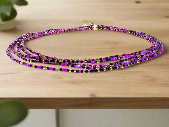 Pink, Black and Gold Strands Necklace, Twist Necklace, Statement Necklace