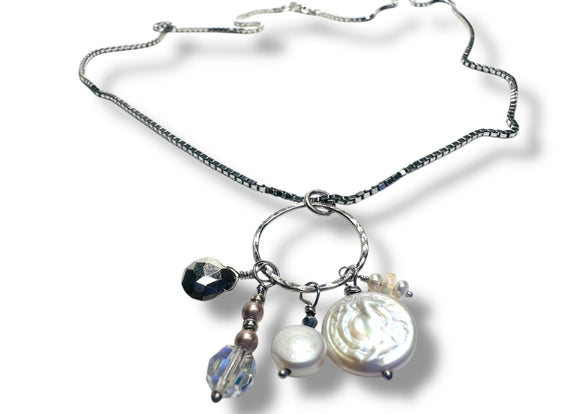 Pearl Charm Necklace/Silver Charm Necklace/March Birthstone