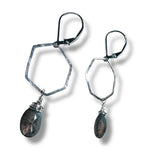 Hexagon Hoop Labradorite Earrings, Silver Hoops