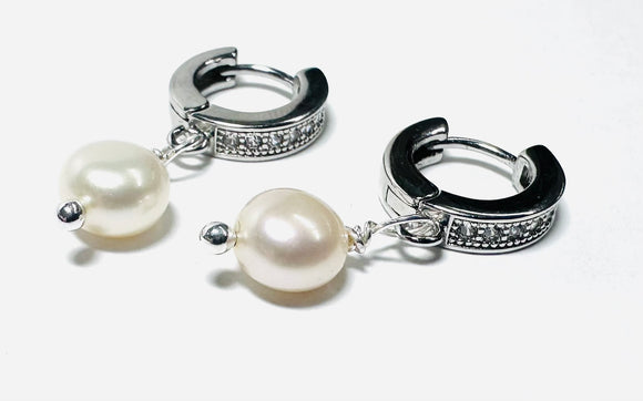Pearl Huggie Hoops, Pearl Earrings, Hoops - Janine Design