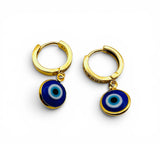 Gold hoop earrings with blue evil eye charms on a white background. Evil Eye Hoops