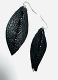 Leather Feather Earrings, Black leather Earrings, Feather Earrings - Black Crystal Accent
