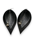 Leather Teardrop Earrings, Brown and Black leather Earrings, Feather Earrings pyrite chain drop